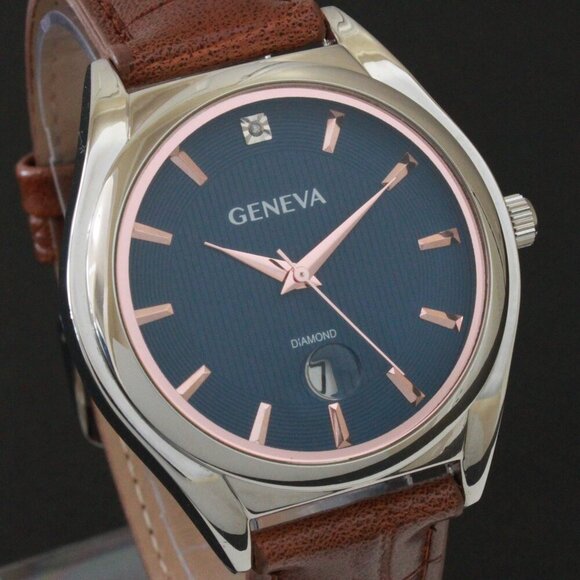 Geneva Men's Dress Watch Diamond At 12 Raised Indices Blue Dial Brown Strap 42mm - Picture 8 of 13